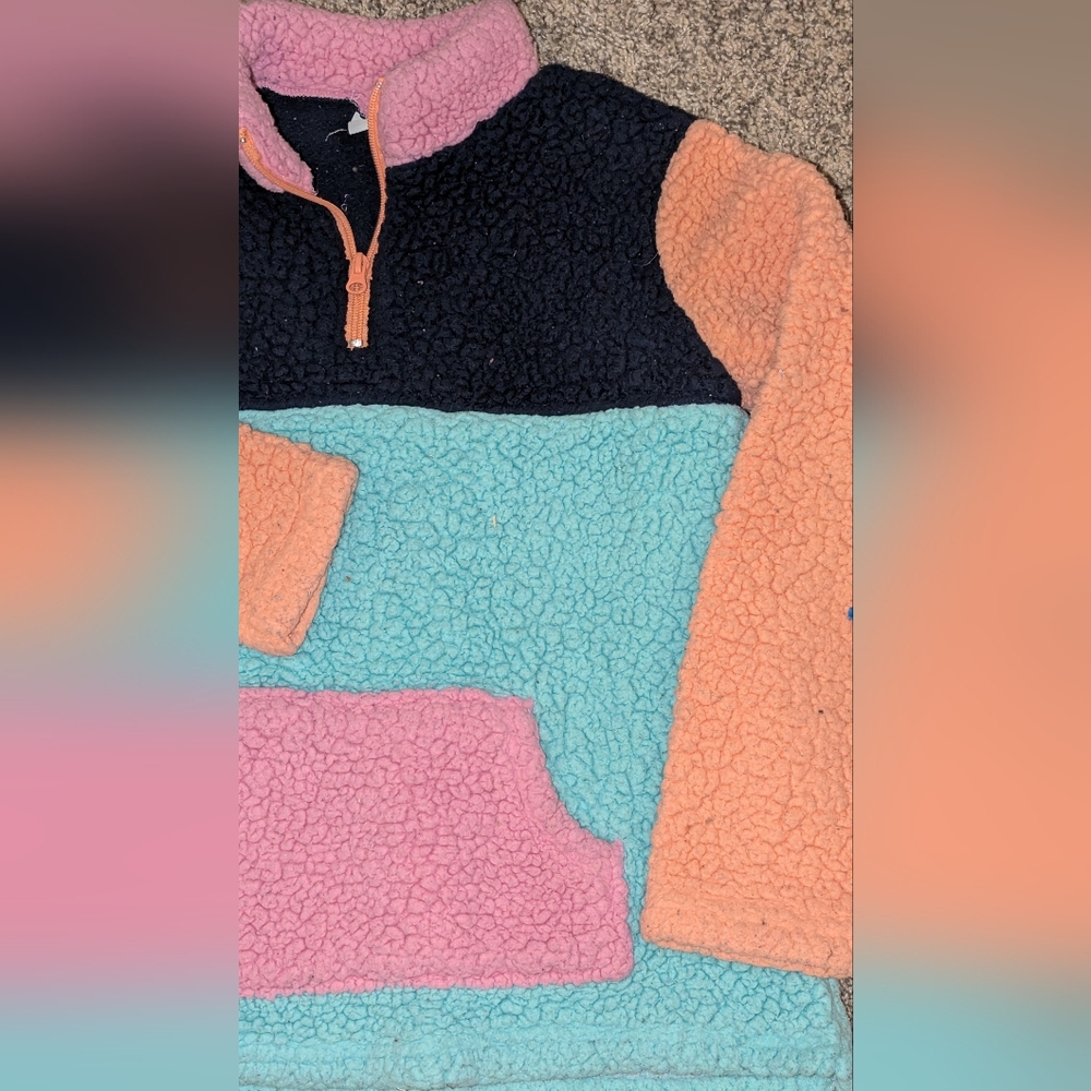 Girls Medium Cozy Colorblock Sherpa Pullover Sweater - Pink/Peach/Blue - Picture 2 of 4